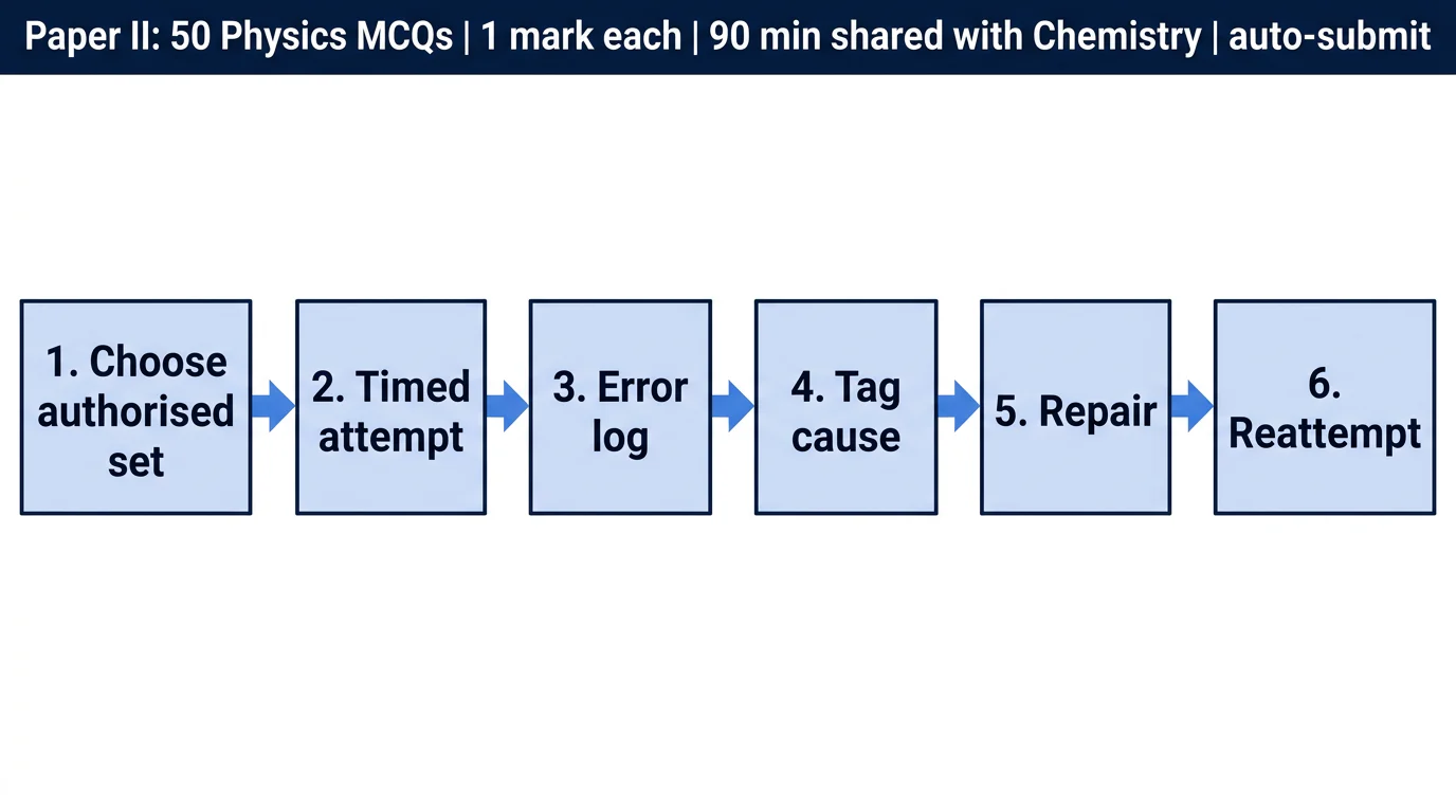 A left-to-right six-stage process for attempting, reviewing and reattempting MHT-CET Physics PYQs within the official Paper II constraints.
