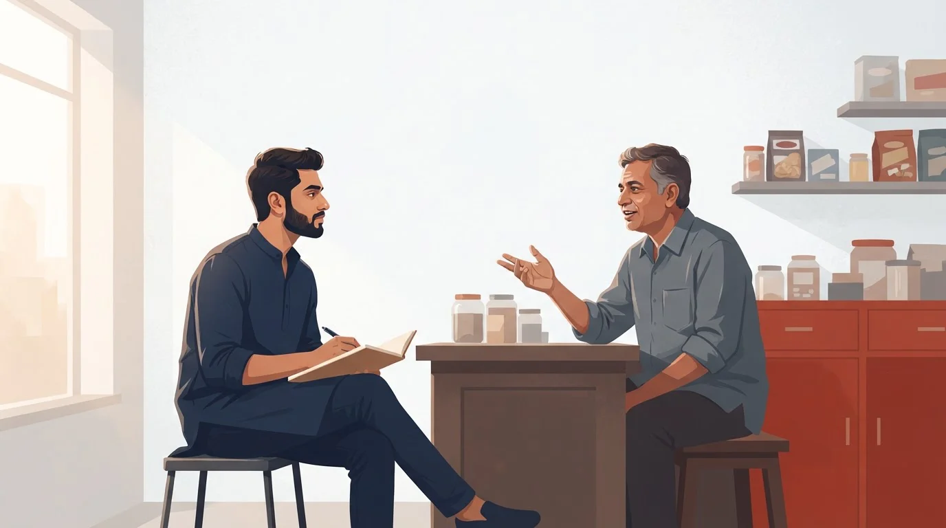 A founder sits across from a shop owner at a store counter, listening and taking notes as the owner talks.