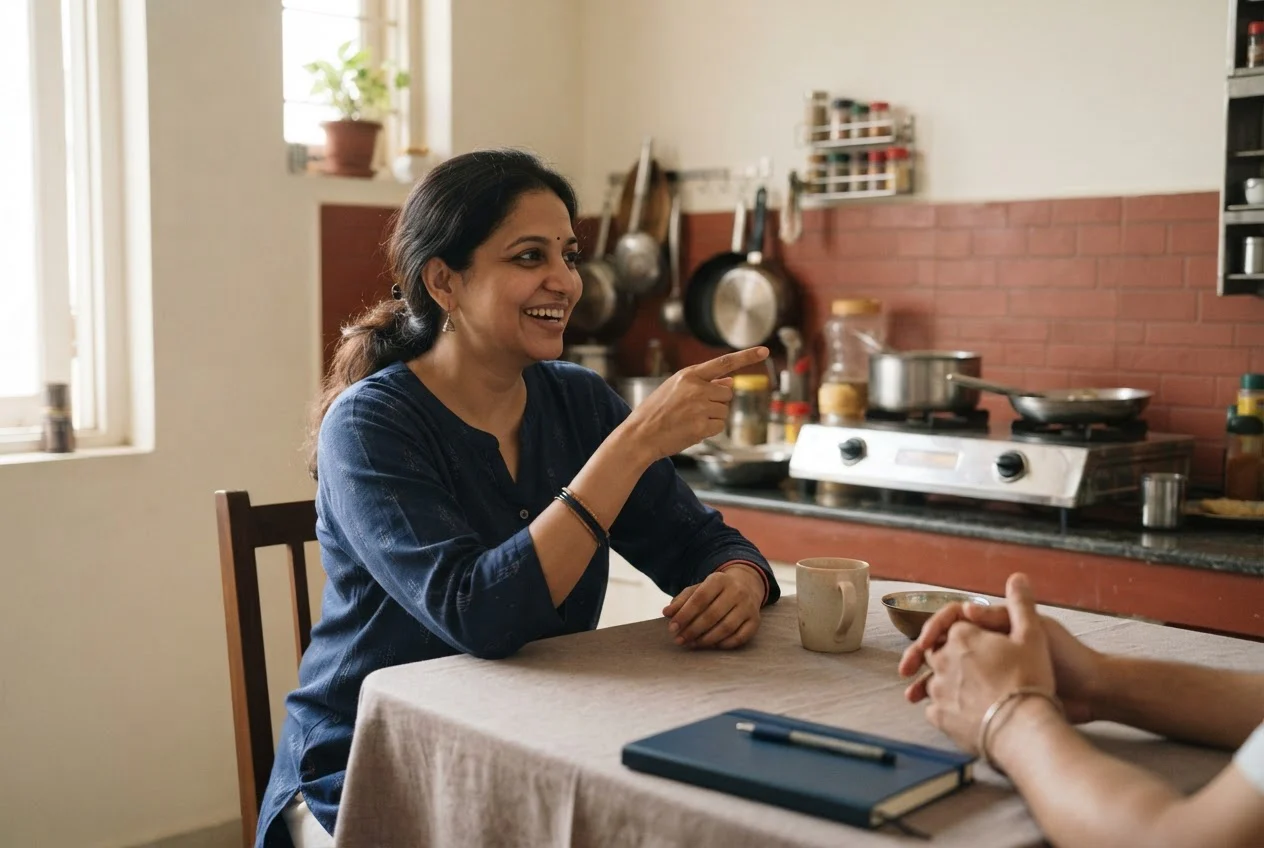 A woman at a kitchen table points back toward the stove as she recalls a recent problem to a visitor.