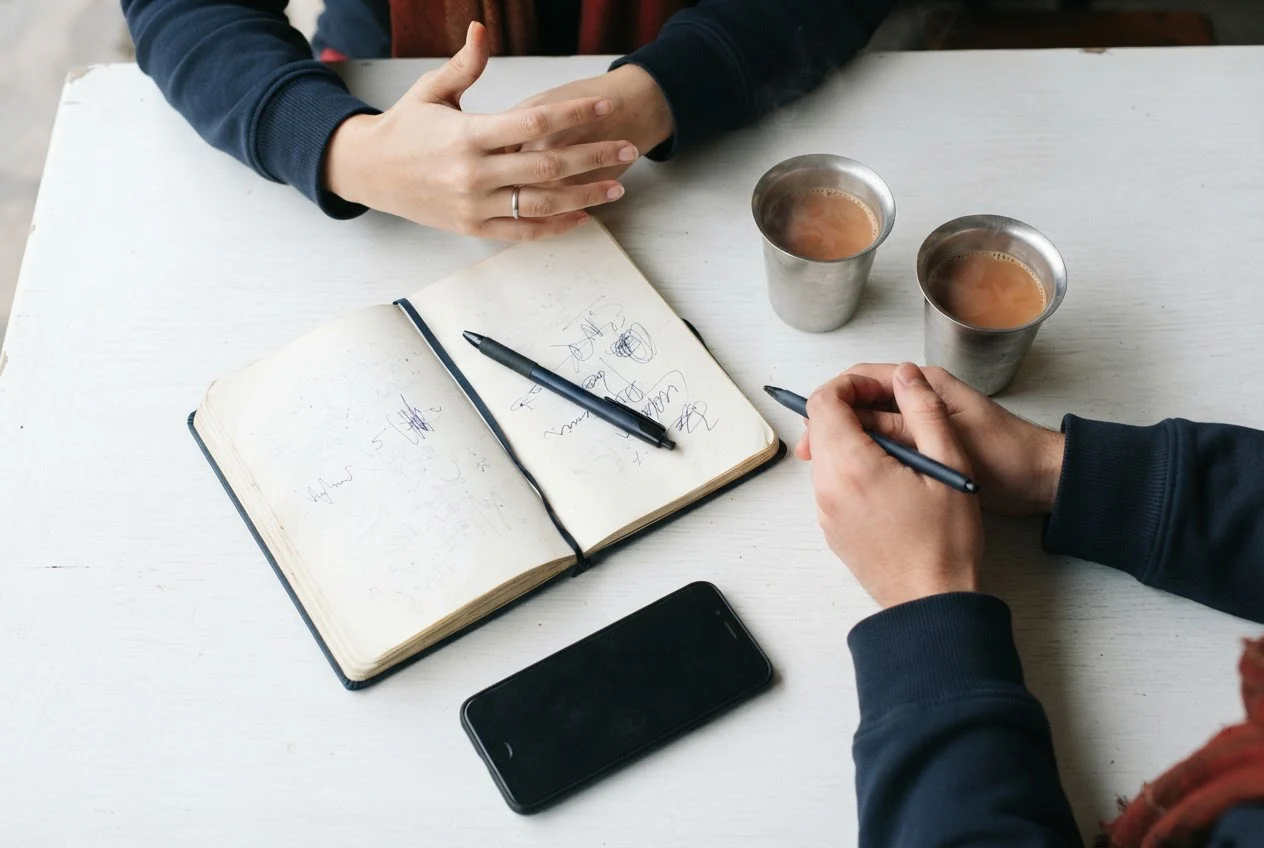 An interview table seen from above with a notebook, pen, phone recorder and two cups of chai between two people.