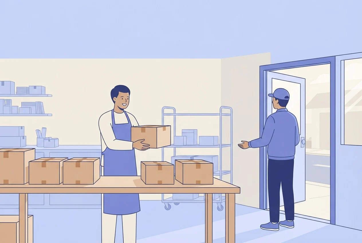 A shop worker hands a sealed parcel to a courier at the doorway of a packing area.