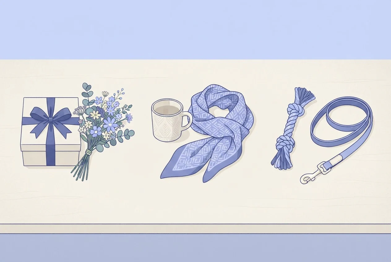Three gift groupings on a table: a boxed bouquet, a mug with a scarf, and a dog toy with a leash.