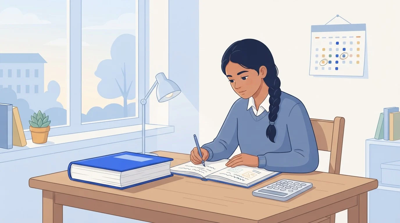 A young Indian student studies an accounting textbook at a desk by a window, with a wall calendar behind them.