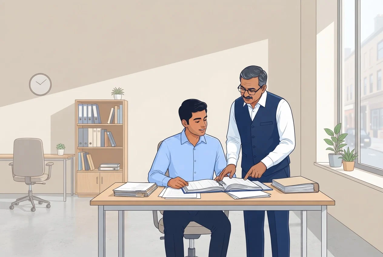A young articled assistant reviews ledgers at a desk in a chartered accountancy office while a senior accountant looks on.