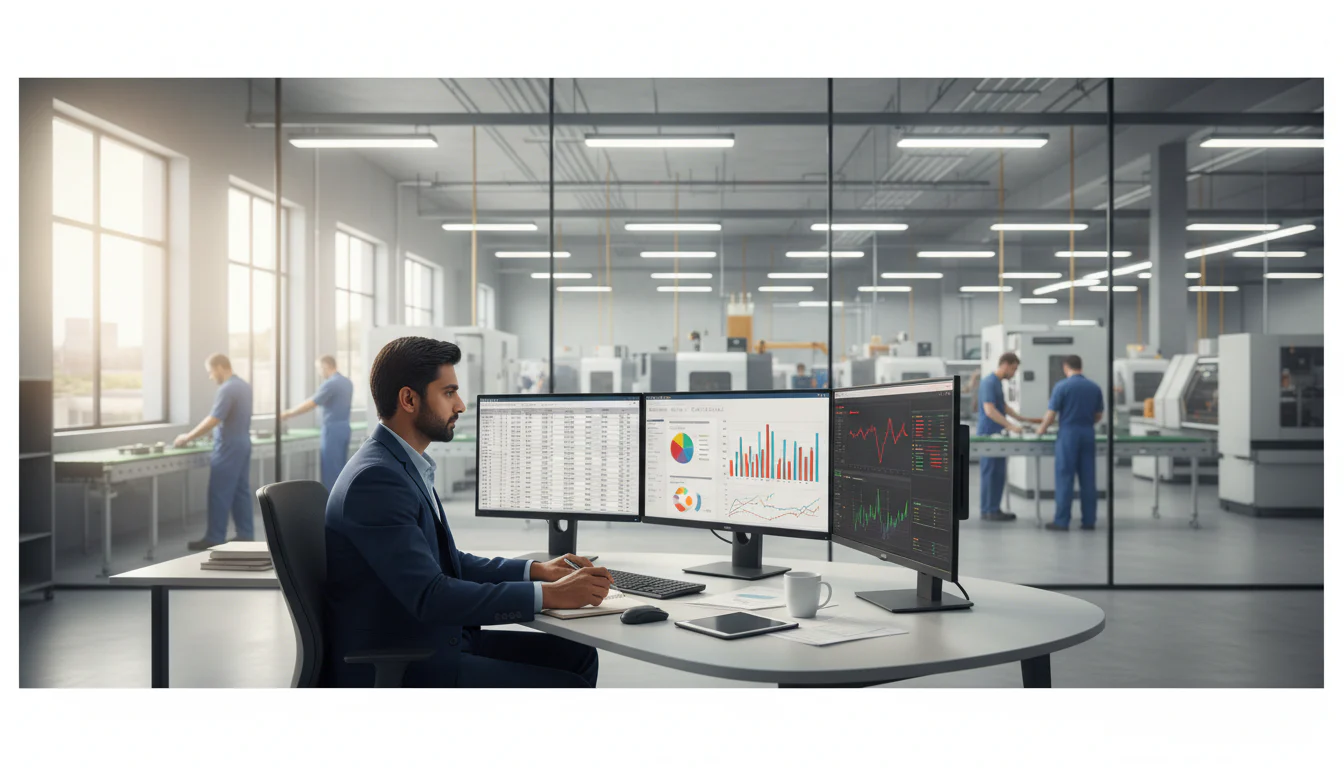 Manufacturing cost analyst reviewing operational finance data