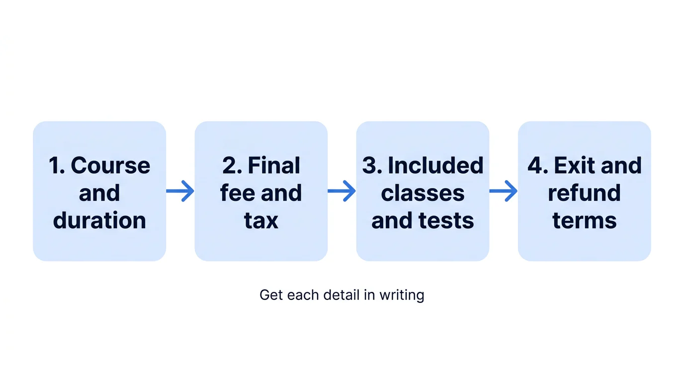 A four-step flow showing the written details to confirm before paying a coaching fee.
