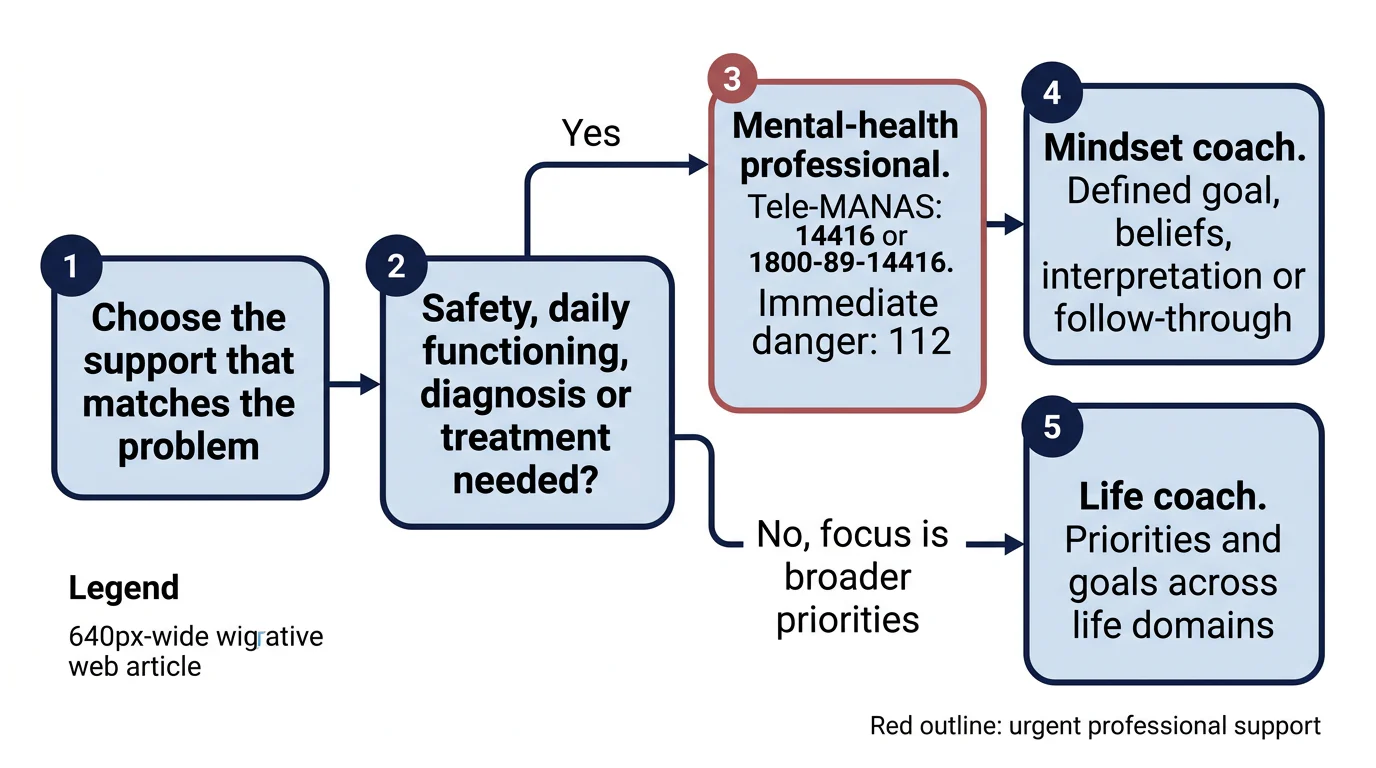 A five-box decision flow that routes safety or daily-functioning concerns to mental-health care, belief barriers to mindset coaching, and broad priorities to life coaching.