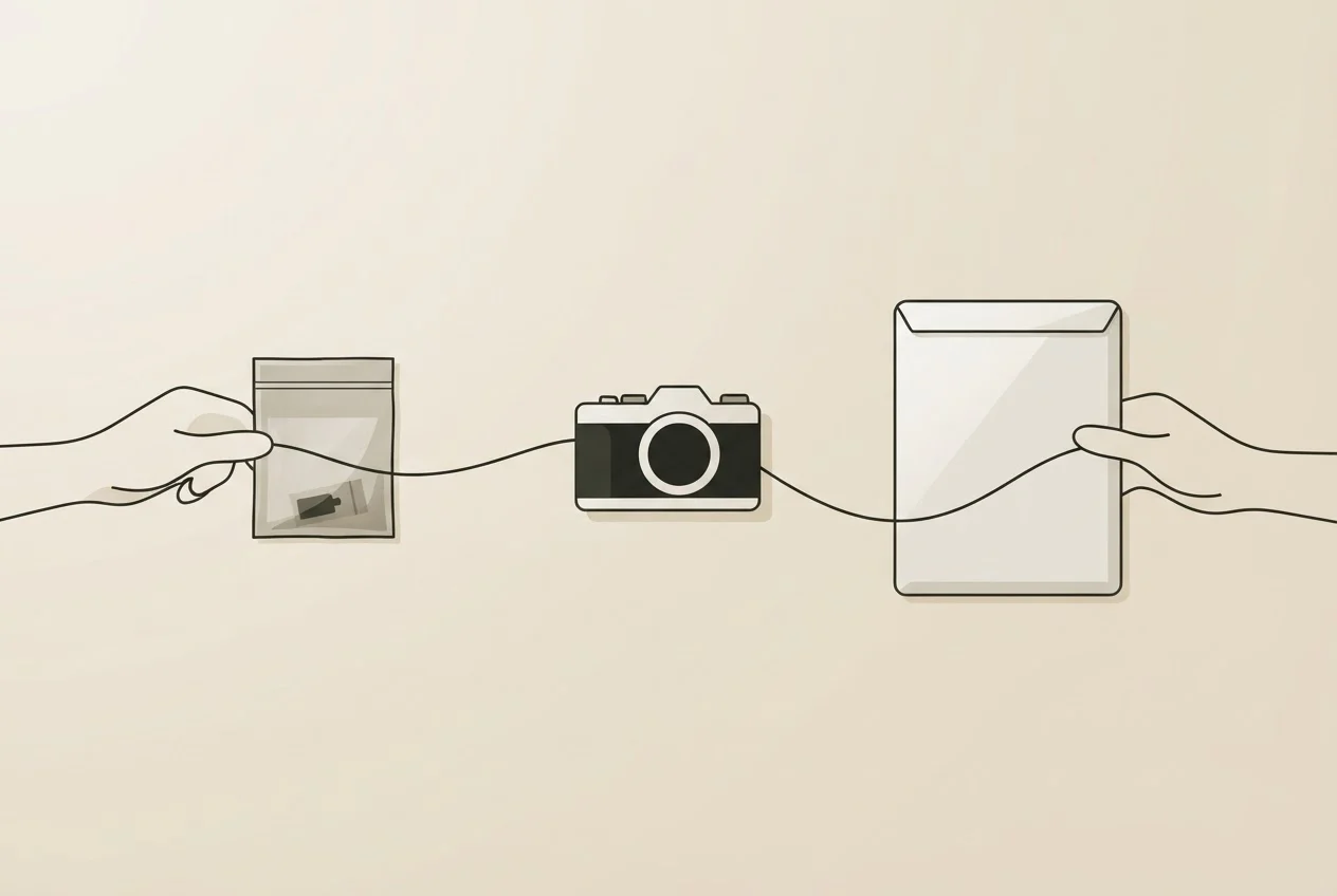 Physical, photographic and written evidence items laid out in a row with hands passing a sealed bag along.