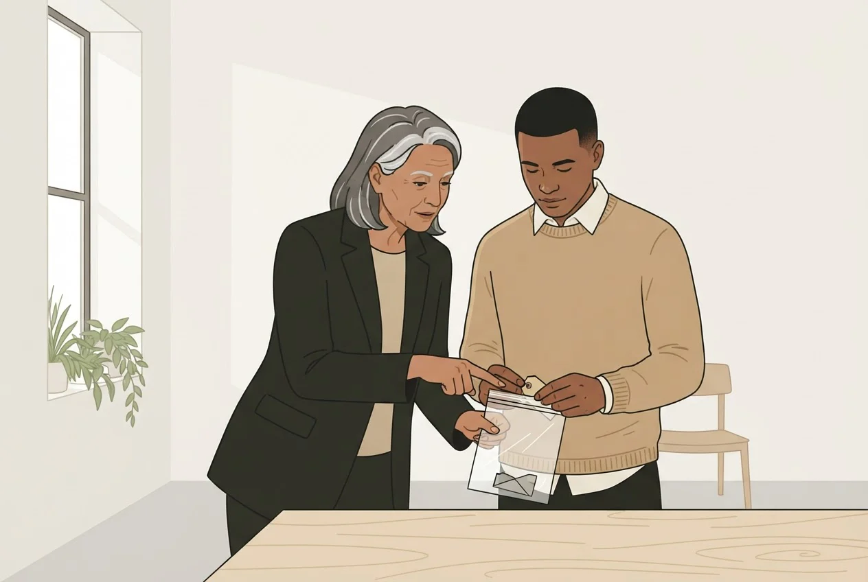 An experienced investigator reviews a trainee packaging an evidence item at a table.