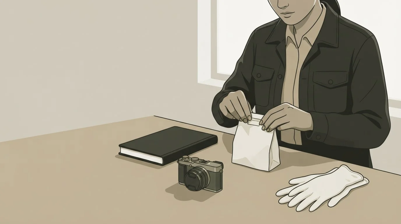 A private investigator seals an evidence bag at a desk with a camera, gloves and notebook nearby.