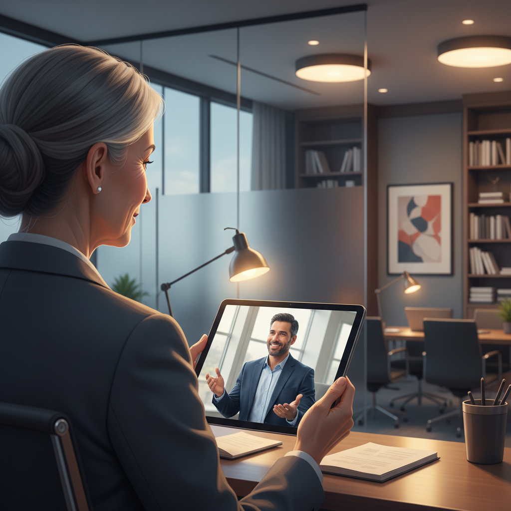 A business professional on a video call with a mentor, illustrating hybrid mentor-supported training.
