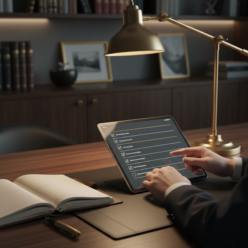 A professional reviewing a checklist on a tablet, symbolizing the evaluation of training programs.