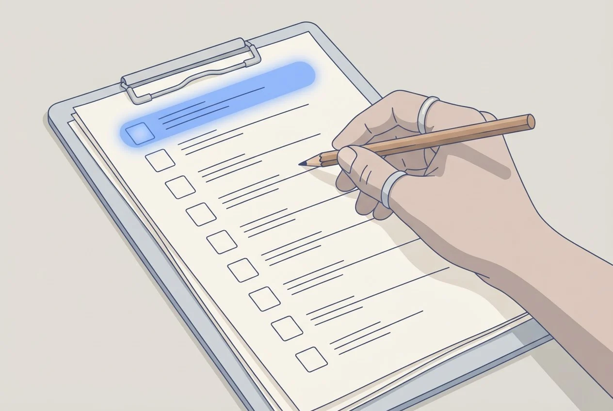 A hand with a pencil working down a ranked list of rows on a clipboard, the top row highlighted in blue.
