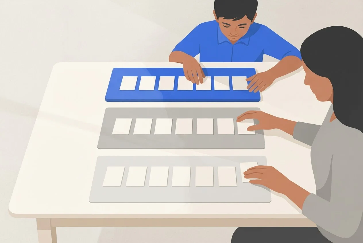 A student and a parent sorting blank cards into three rows on a table.