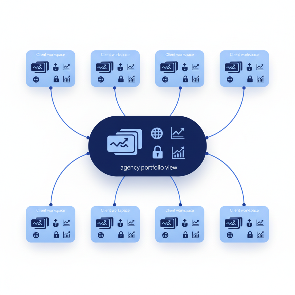 Separate client workspaces connected to a portfolio view