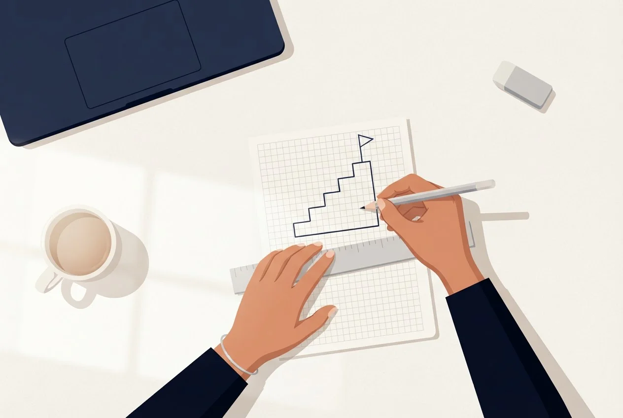 A student's hands sketch a staircase with a flag at the top on graph paper using a pencil and ruler.