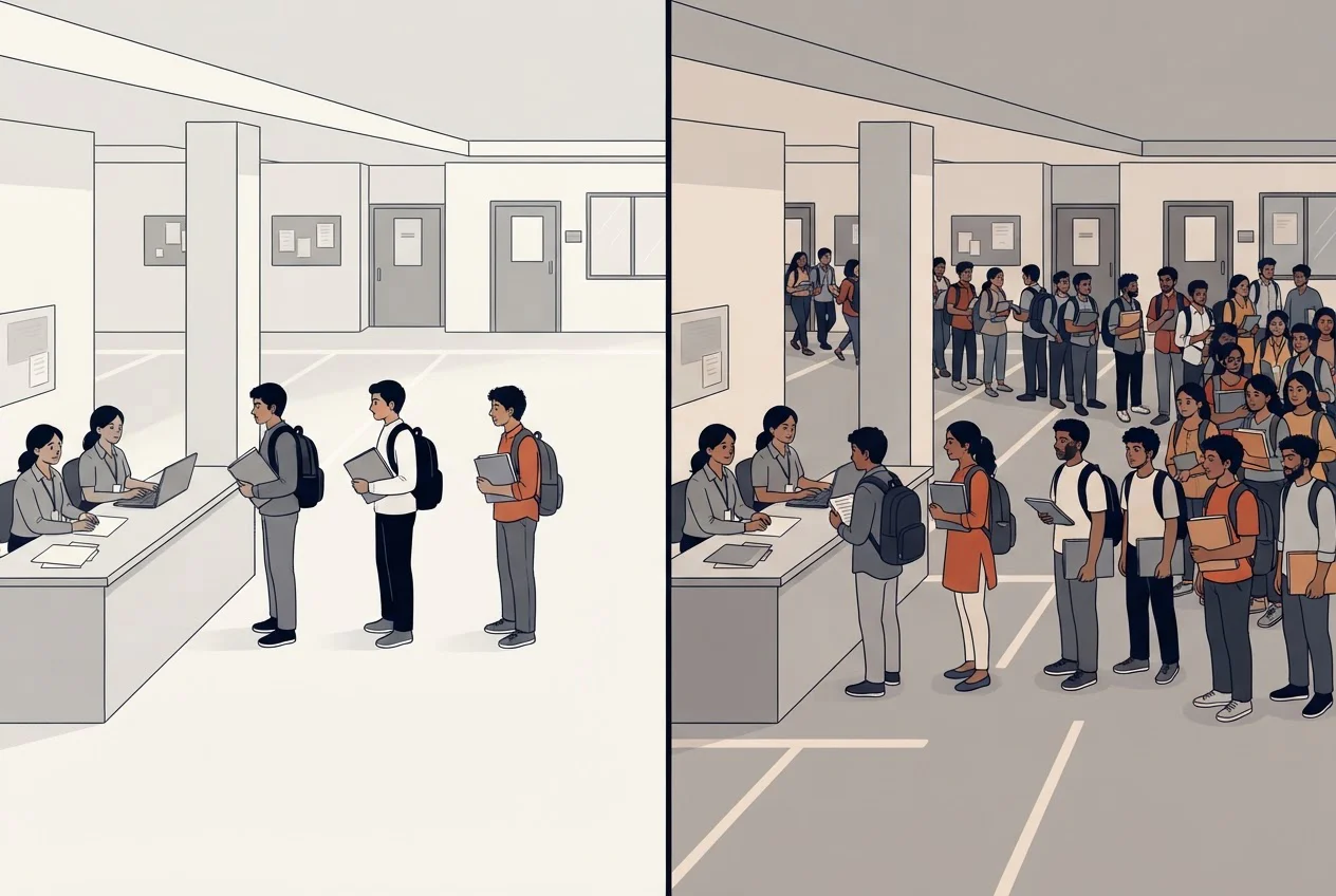 The same admissions help-desk corridor shown twice, with a short queue of students in the morning and a much longer queue later in the day.