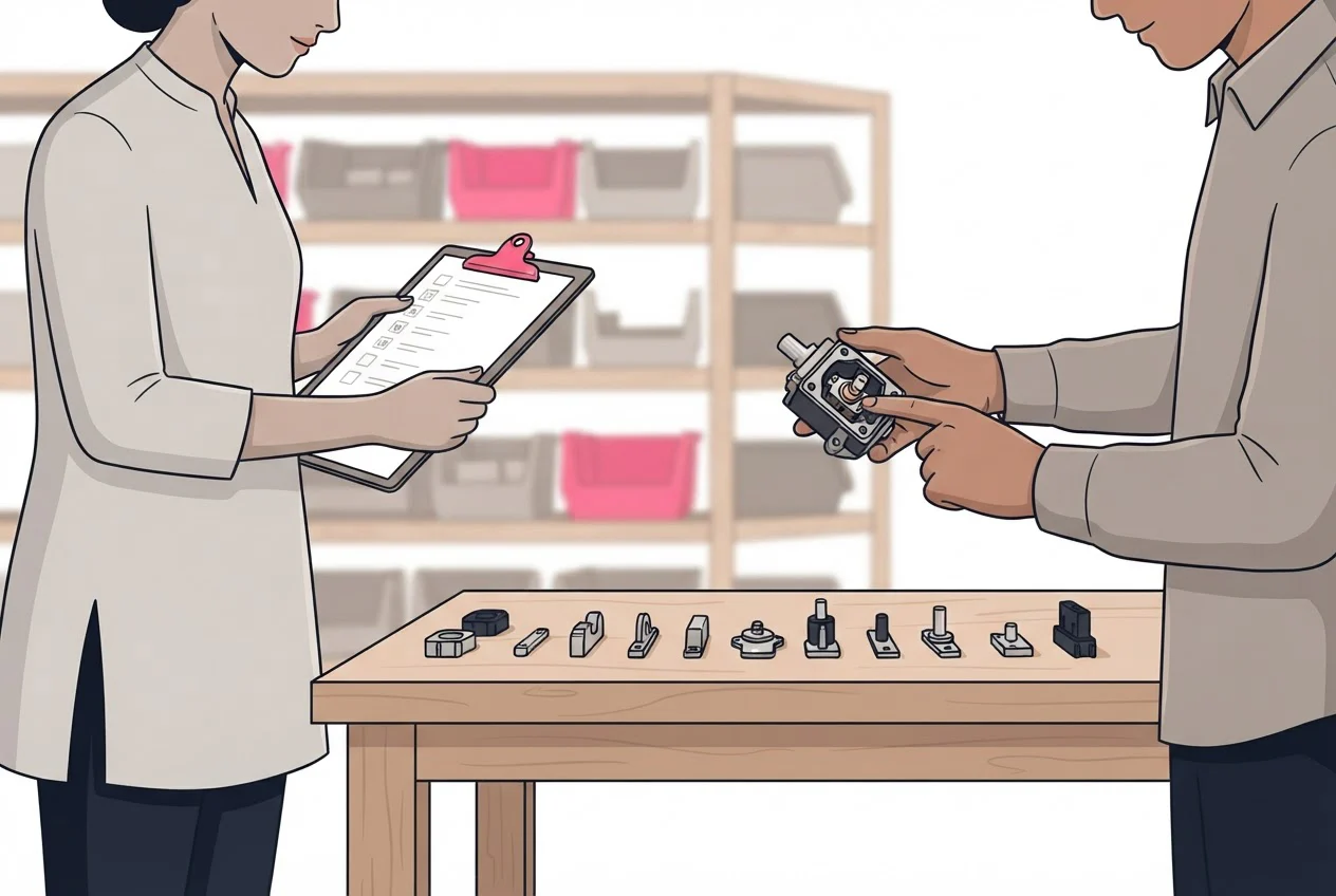 Two workers compare a printed parts list with the components of a finished product laid out on a workshop table.