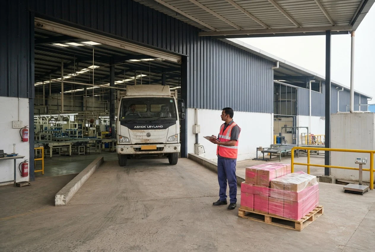 A storekeeper waits at a factory loading bay as a supplier's truck delivers a pallet of boxed enclosures.