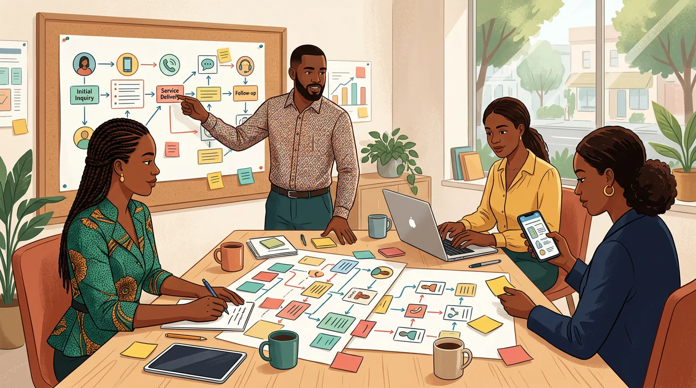 Founder mapping a simple client workflow with a small team