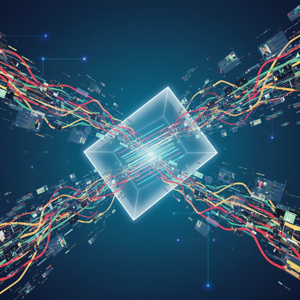 Abstract illustration of chaotic data streams converging into a central prism and emerging as organized, parallel light beams.