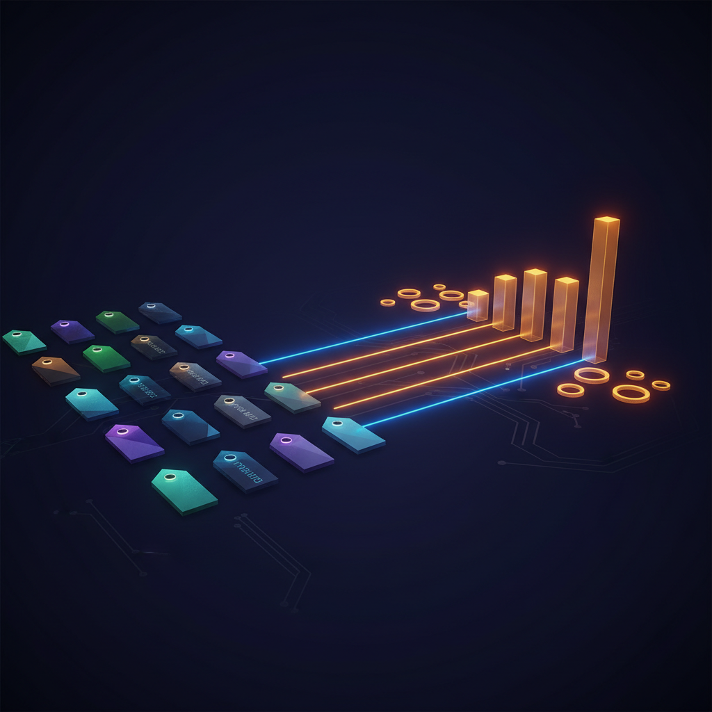 Abstract visualization of glowing creative label tags connected by precise laser lines to rising conversion charts.
