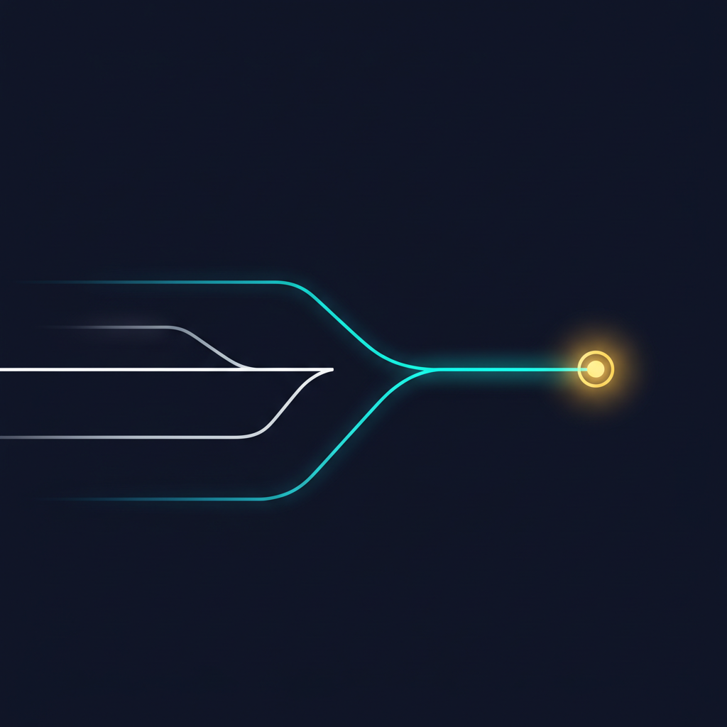Minimalist illustration of a decision path splitting into three routes, with the successful central path highlighted in teal and gold.