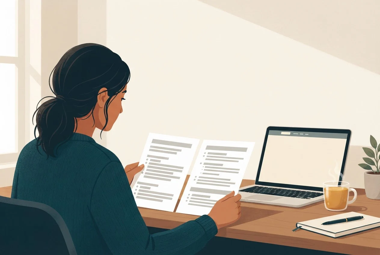 A professional at a desk compares two printed job advertisements beside a laptop and a cup of chai.