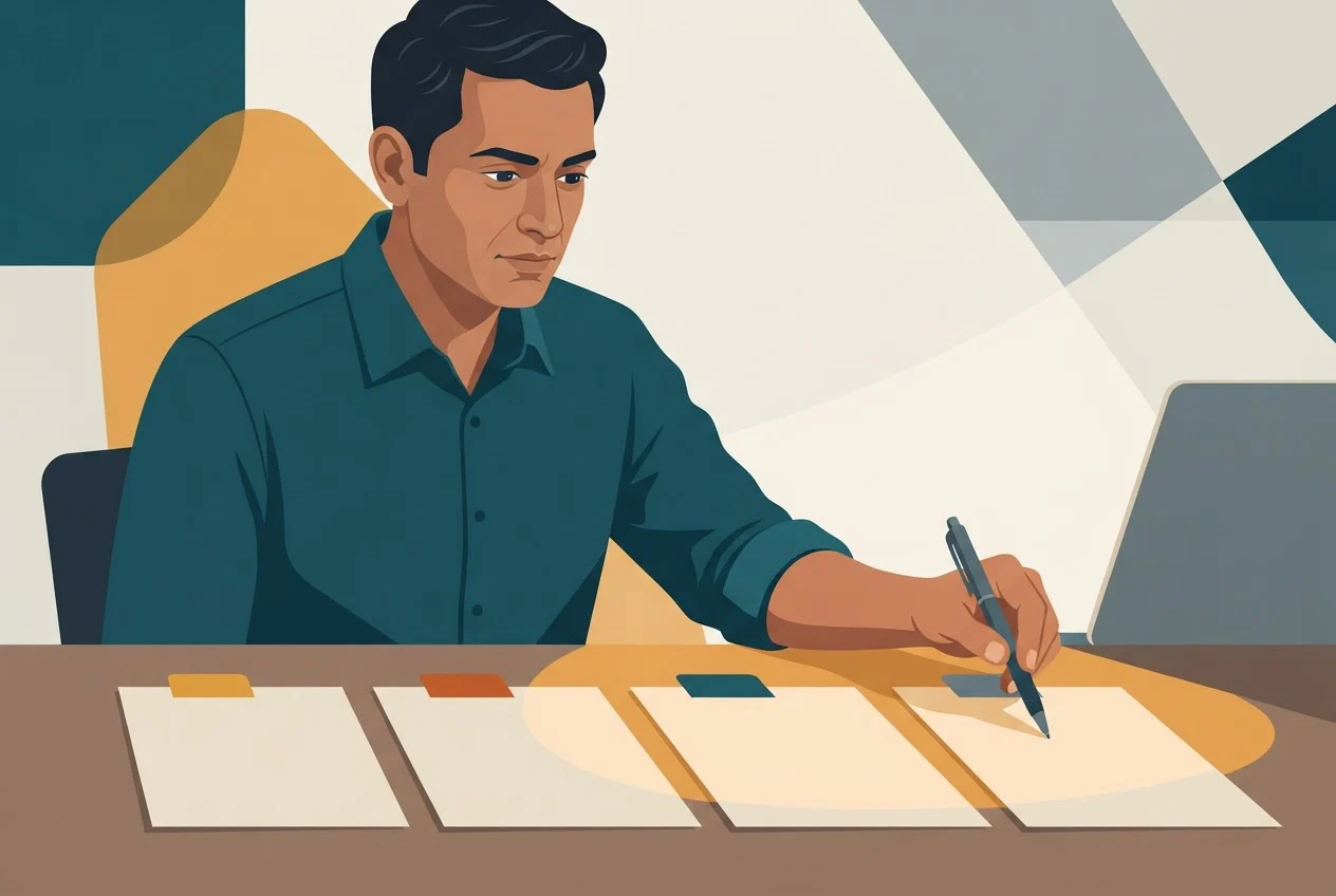 A professional lays out four tabbed documents in a row on a desk, preparing his program experience evidence.