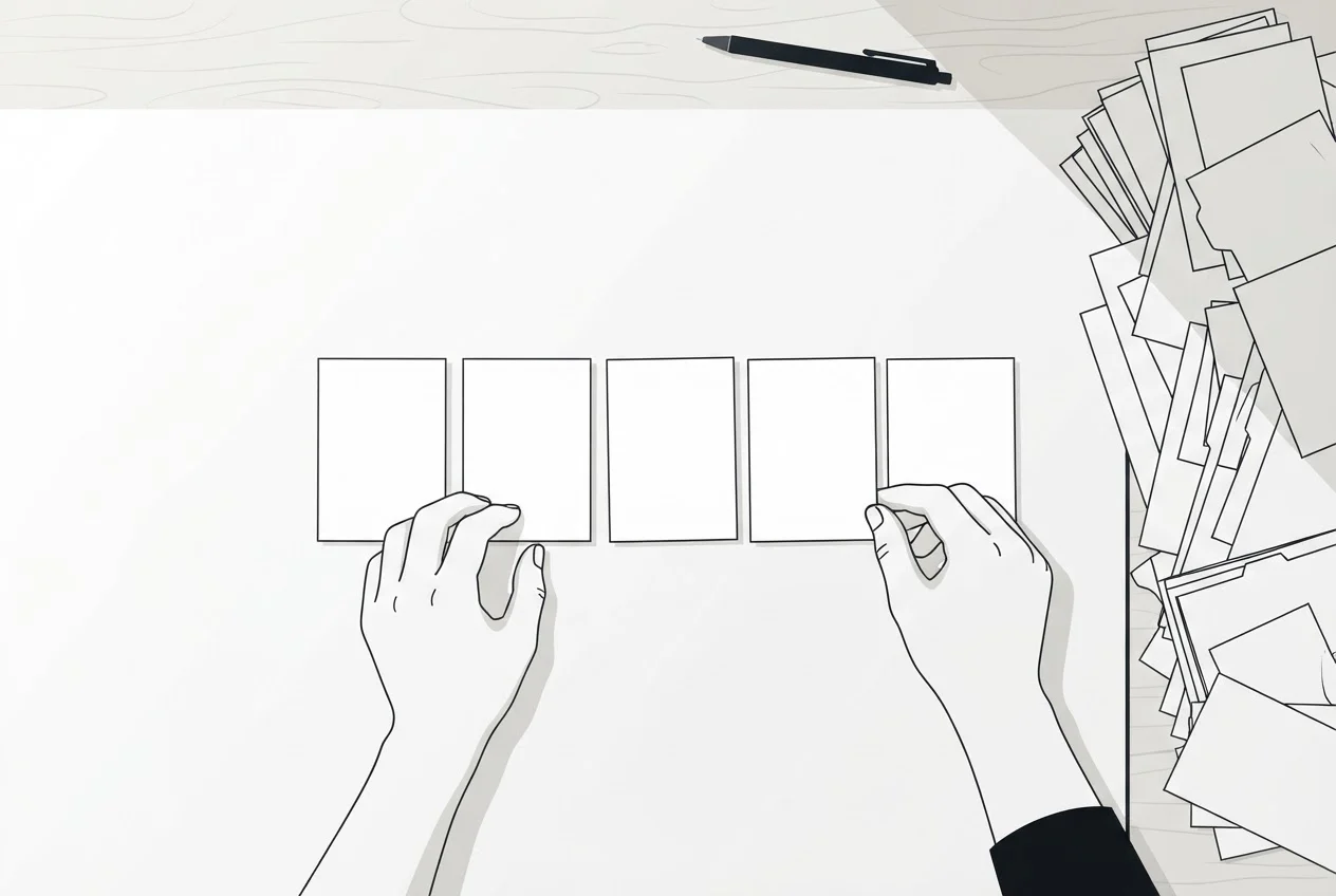 A marketer lines up a few index cards in a short row while a larger pile is set aside.