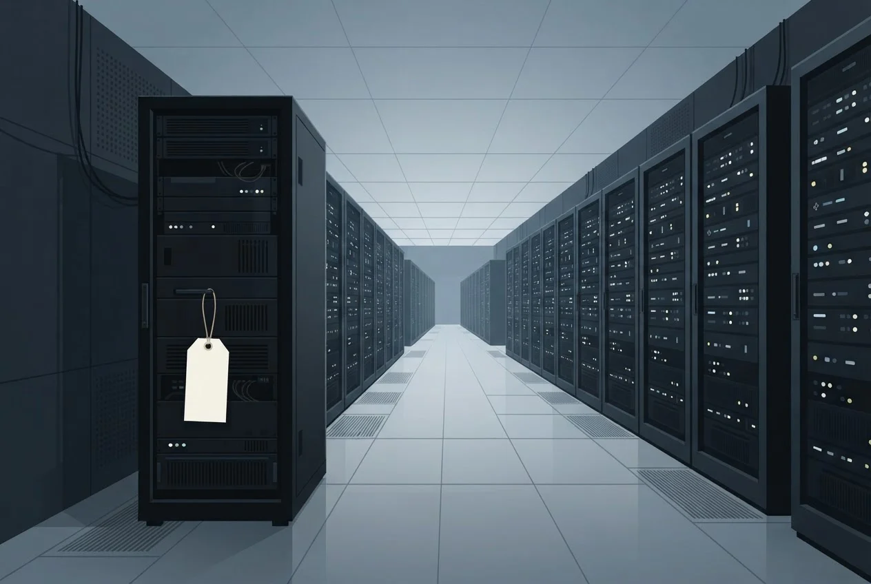 A server-room aisle where most racks show activity and one rack in the foreground sits quiet with a paper tag hanging on it.