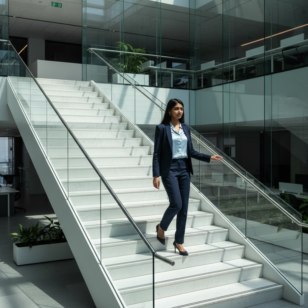 A young professional walking up a modern staircase in a bright corporate building, representing career progression.