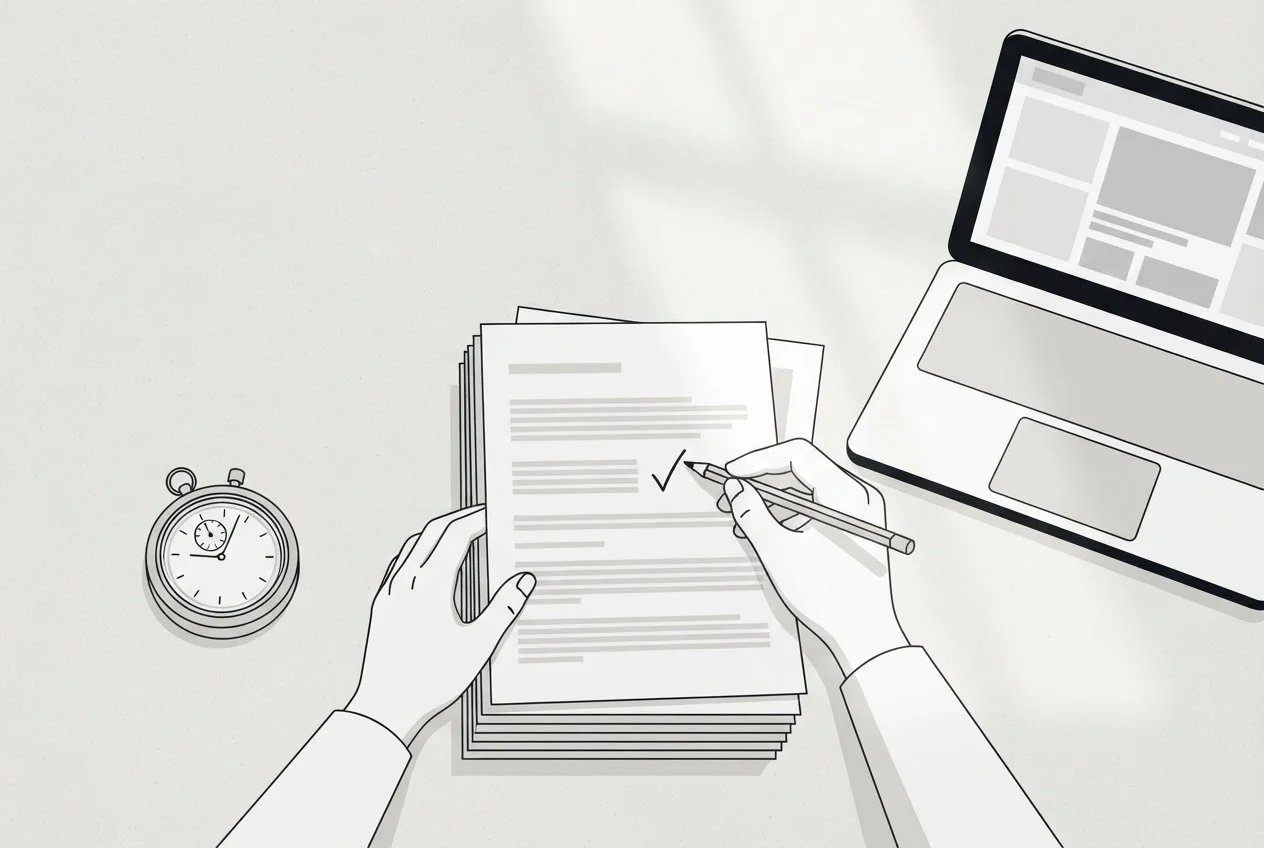 Hands check a stack of printed pages one by one with a pencil beside an analog clock and an open laptop.