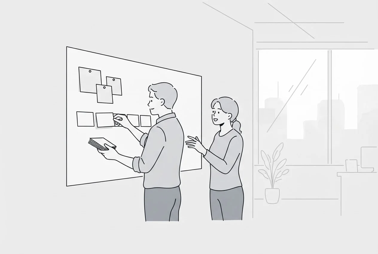 Two colleagues arrange blank cards on an office wall board to compare which sources appear.