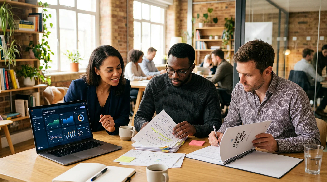 Startup team reviewing launch evidence