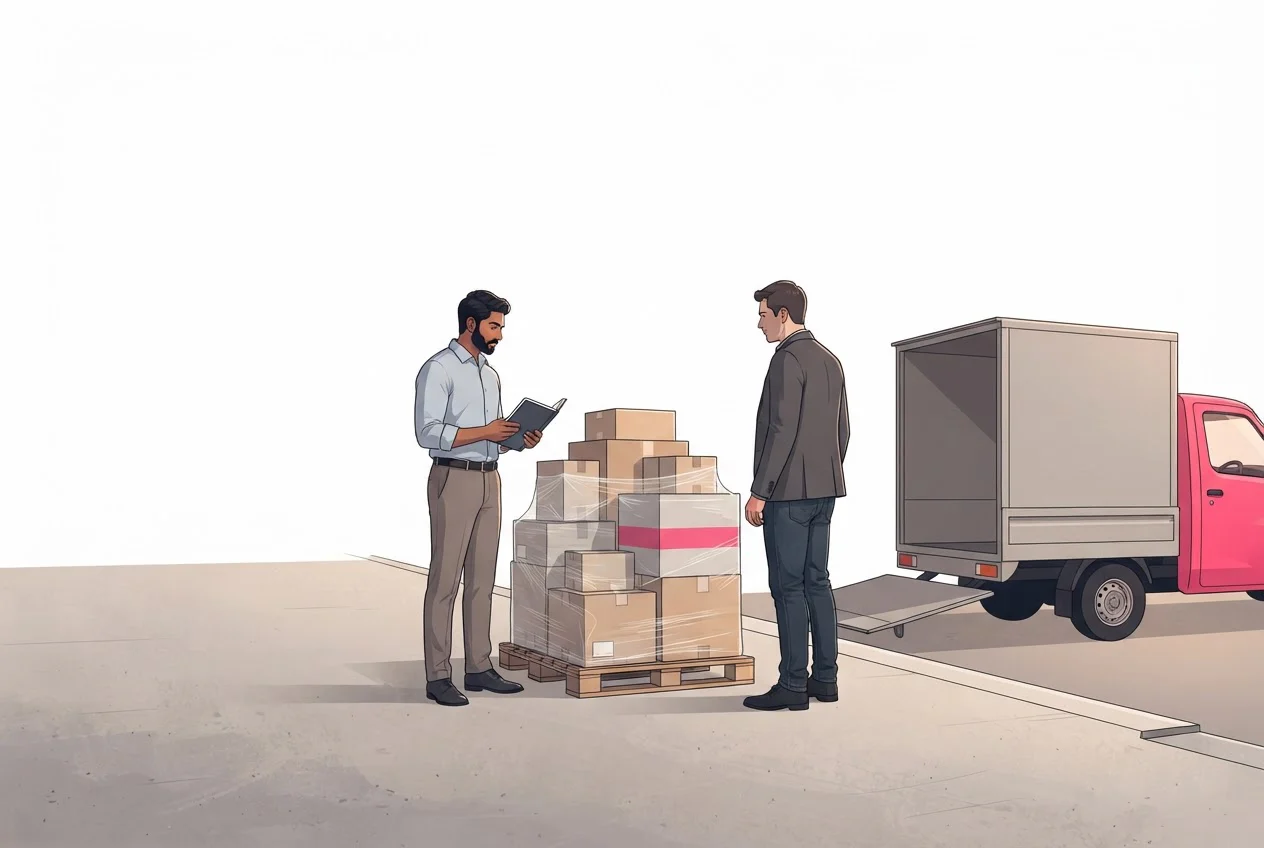 A trader and a buyer inspect a wrapped pallet of cartons at a loading dock beside a waiting truck.