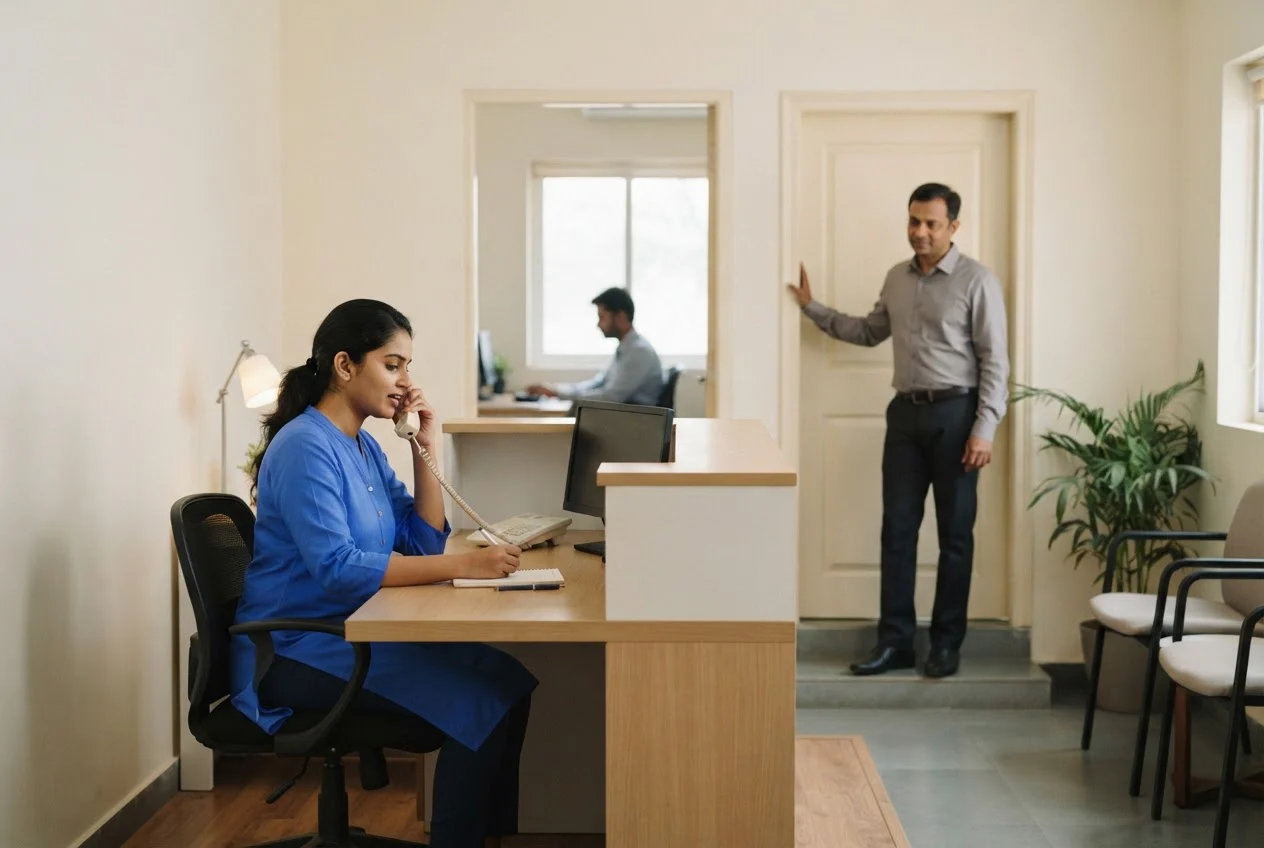 A receptionist answers a phone at the front desk while the owner waits in the doorway behind her.