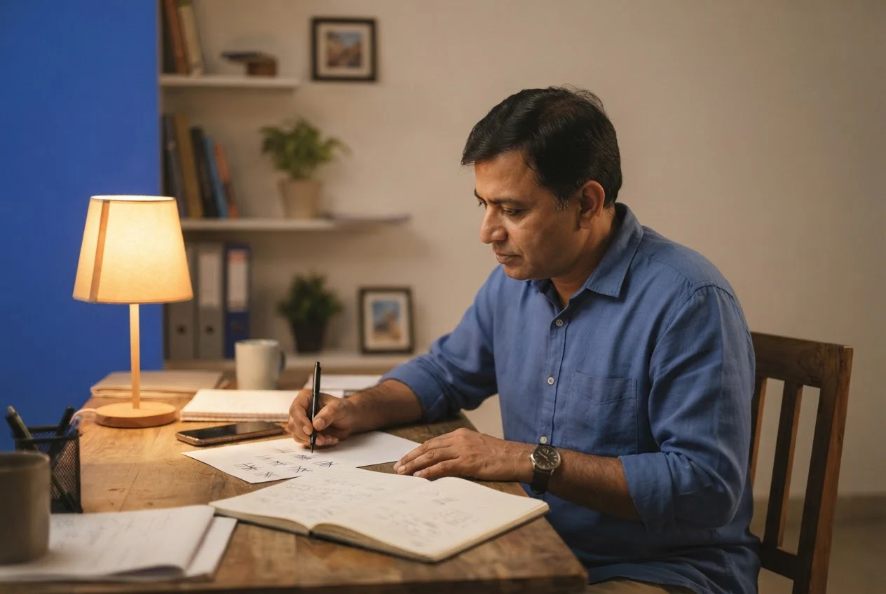 A business owner at a desk marks tally strokes on a paper sheet next to a phone at the end of the day.