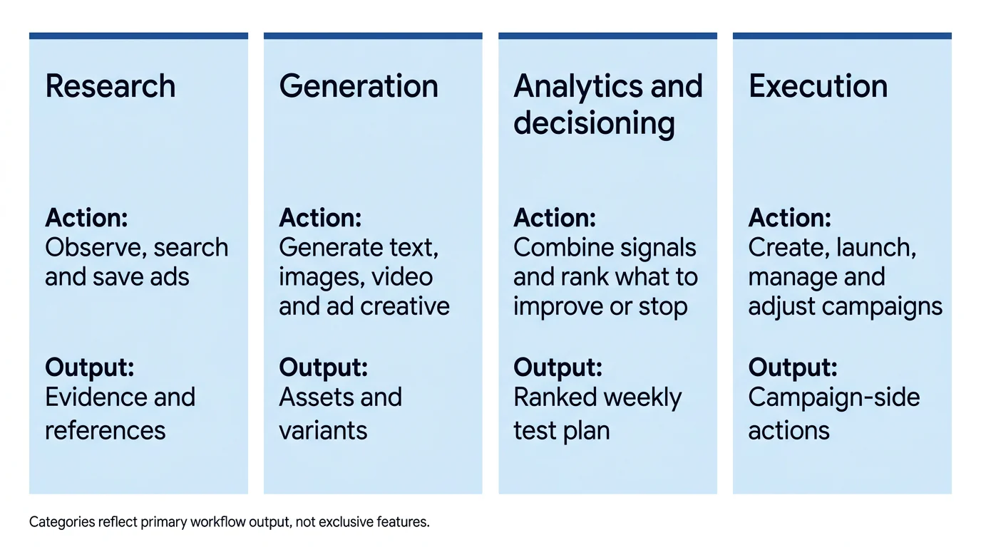 Four parallel columns distinguish research, generation, analytics and decisioning, and execution by their actions and outputs.