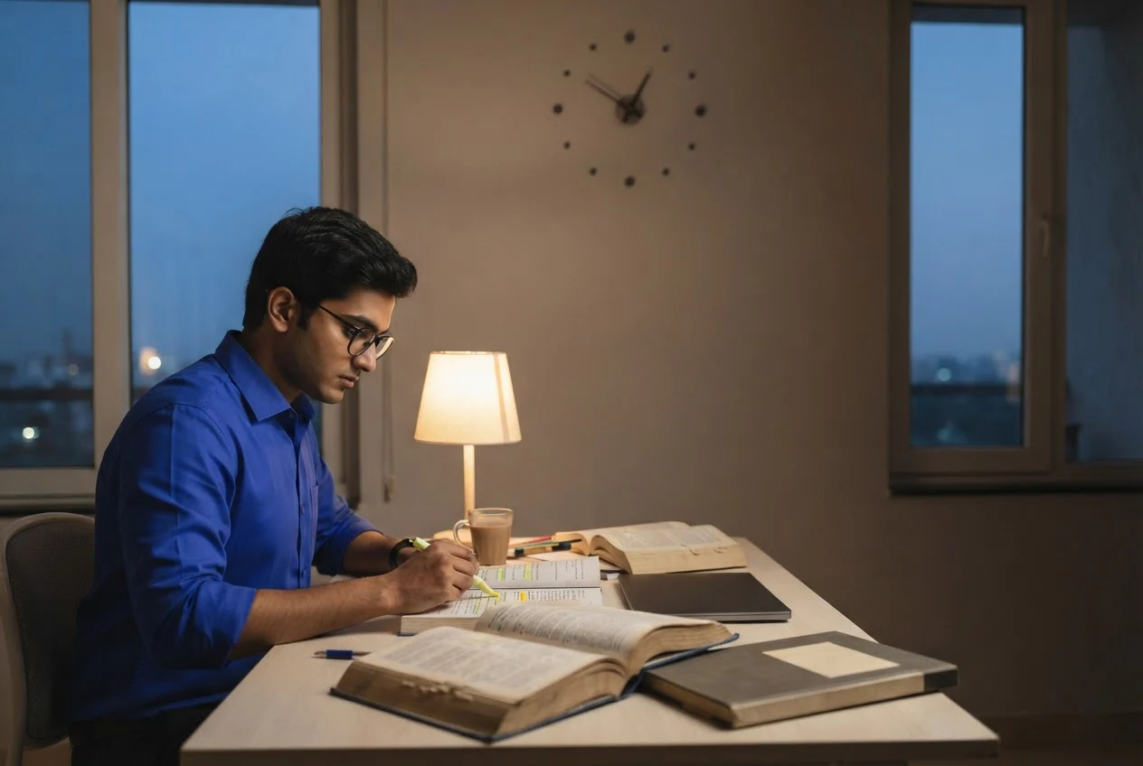 A trainee in office clothes studies from textbooks at a lamplit desk in the evening.