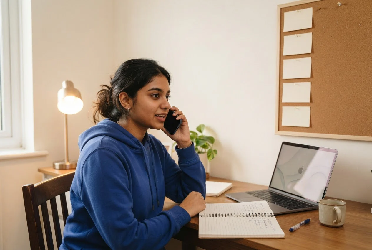 A student phones firms from a handwritten shortlist at a home desk with a laptop and notebook.
