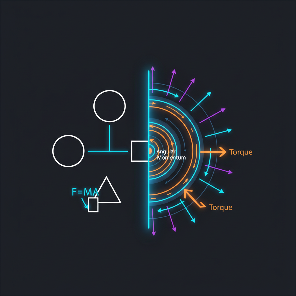 A split conceptual diagram contrasting simple geometric formulas with complex rotational motion vectors.