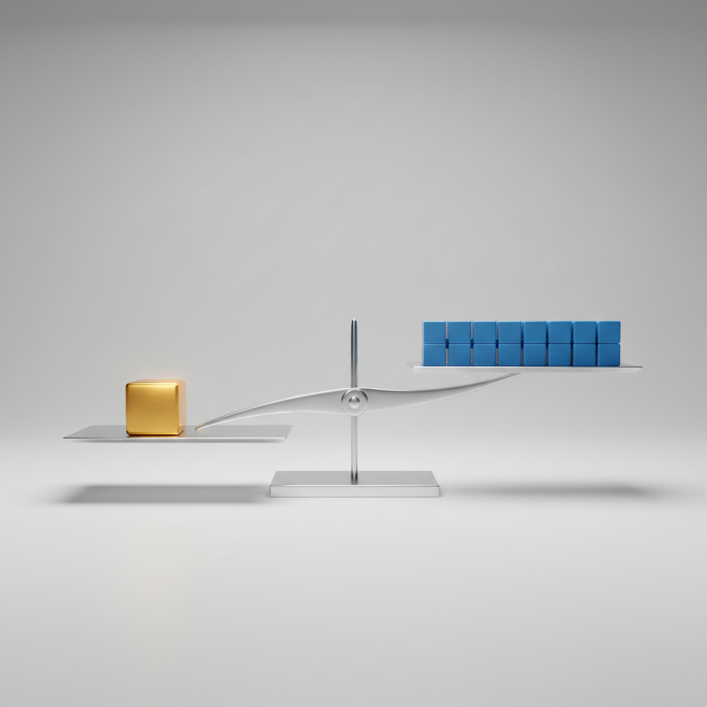 A modern balance scale comparing a single heavy block with a long, balanced row of interconnected blocks.