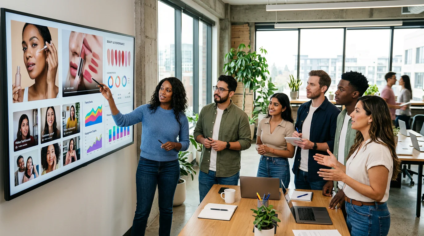 Marketing team reviewing beauty creative test results