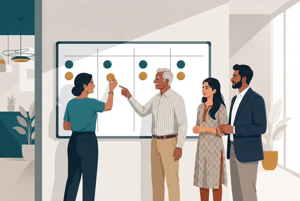 A small group stands at a wall board with five columns and places coloured tags in each column.