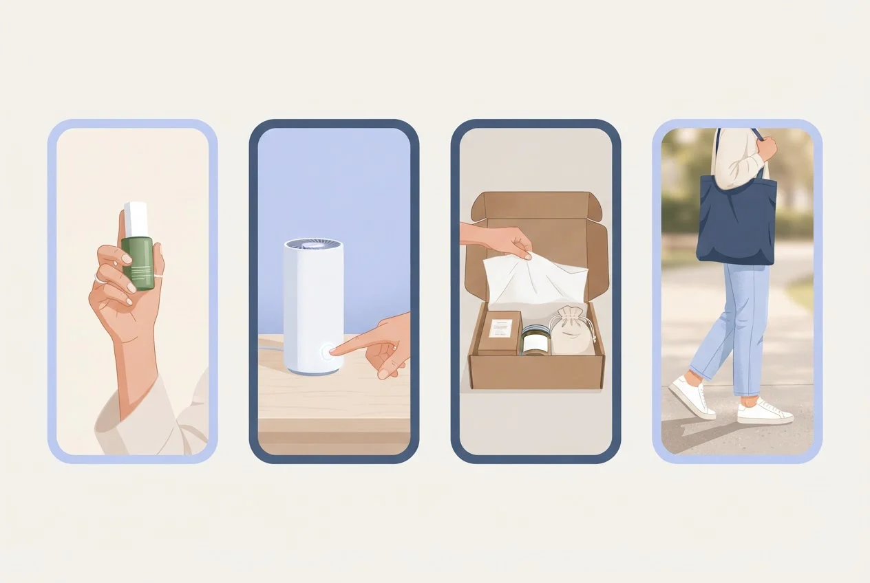 Four phone-shaped frames show a person holding a product, a hand using a gadget, an unboxing and a person outdoors with a bag.
