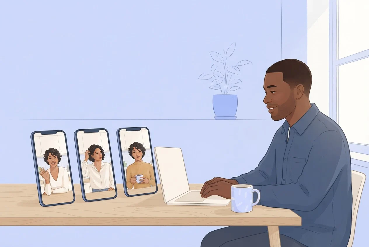 A marketer at a desk compares three phone screens that show the same creator with three different openings.