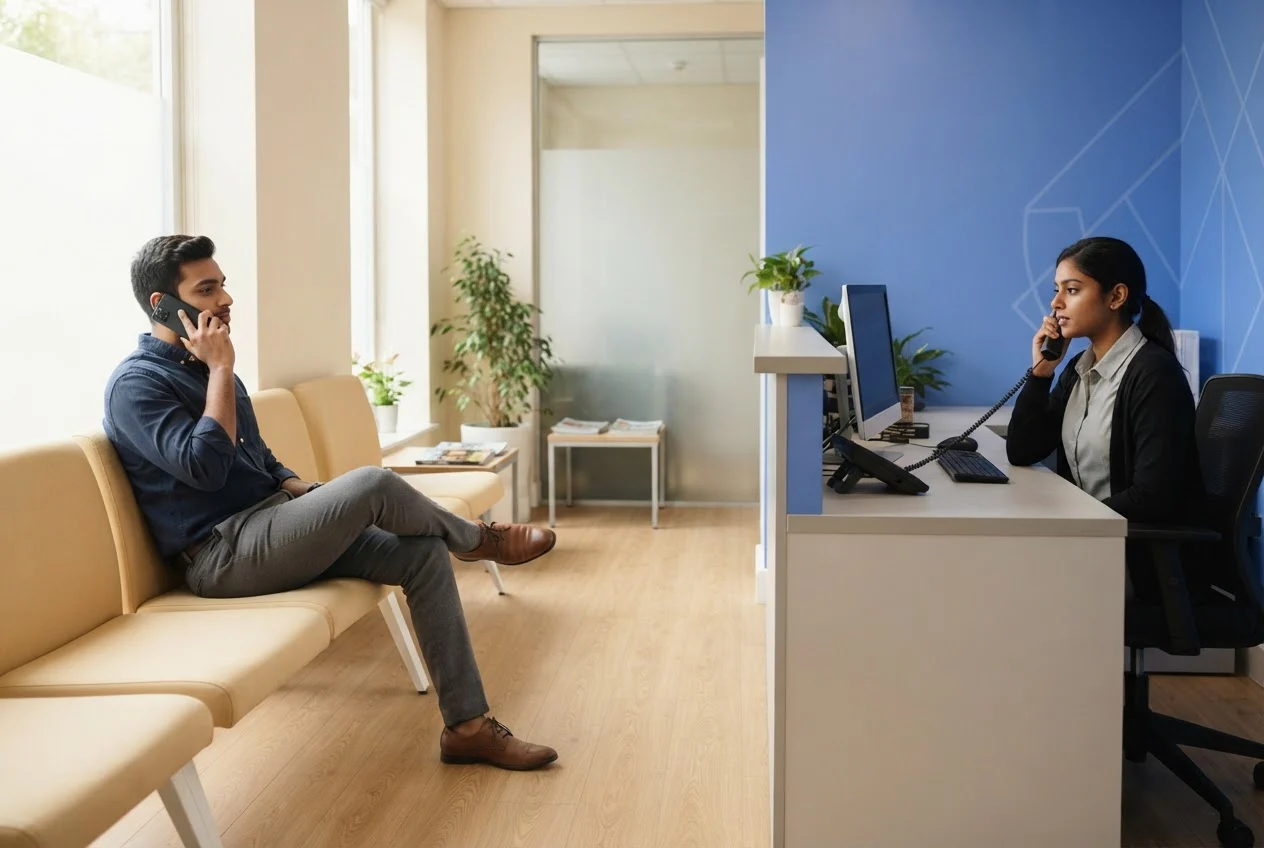 A man on a waiting-room bench makes a phone call while the receptionist across the room answers the desk phone.
