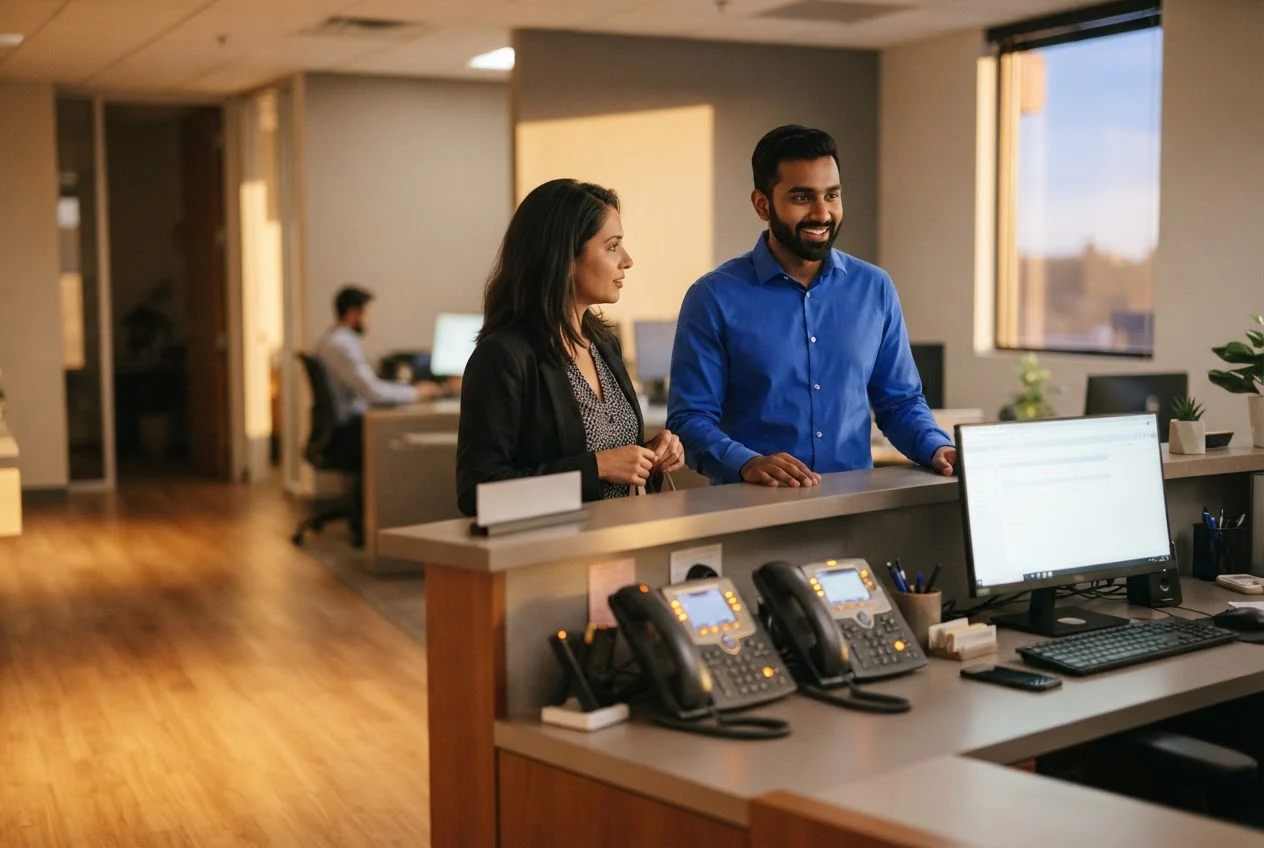 A receptionist serves a walk-in customer while two desk phones ring unanswered beside him.