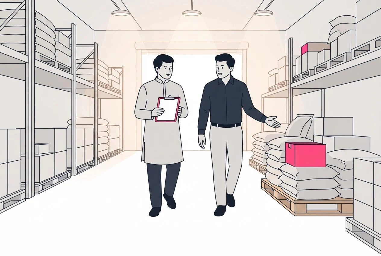 An auditor with a clipboard and a business owner inspect pallets of stock together in a warehouse aisle.